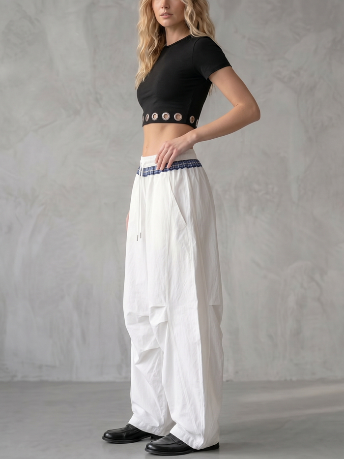 High Waisted Loose Contrast Color Drawstring Pockets Split-Joint Pants Trousers