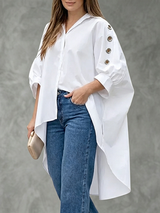 Solid Color Pleated Hollow Buttoned Three-Quarter Sleeves Puff Sleeves Lapel Blouses&Shirts Tops