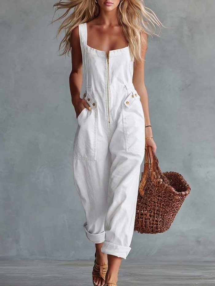 Zipper Solid Color Pockets Buttoned Sleeveless High Waisted Square-neck Jumpsuits