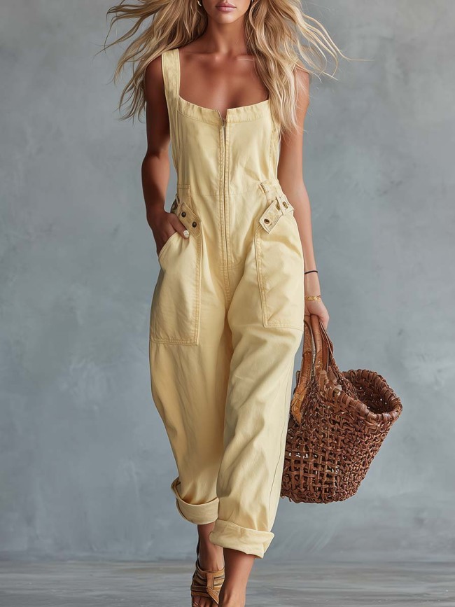 Zipper Solid Color Pockets Buttoned Sleeveless High Waisted Square-neck Jumpsuits