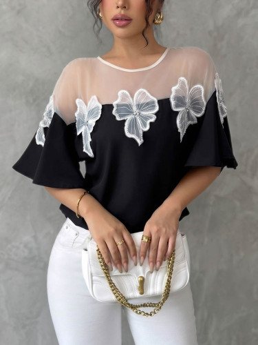Three-Dimensional Flower Split-Joint Mesh Contrast Color Half Sleeves Batwing Sleeves Round-Neck Blouses&Shirts Tops