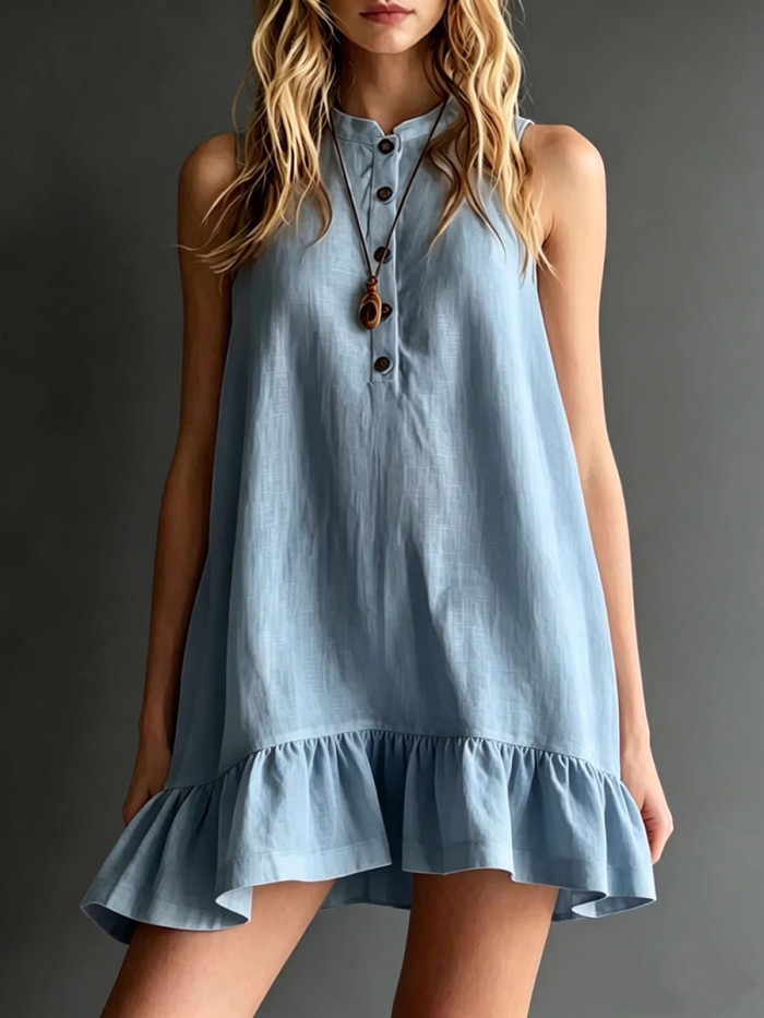 Solid Color Pleated Buttoned Sleeveless Plus Size Round-neck Mini Dresses