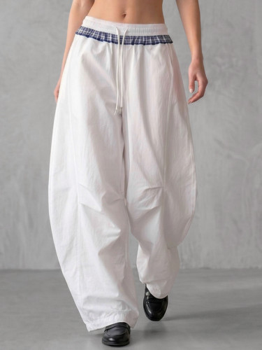 High Waisted Loose Contrast Color Drawstring Pockets Split-Joint Pants Trousers