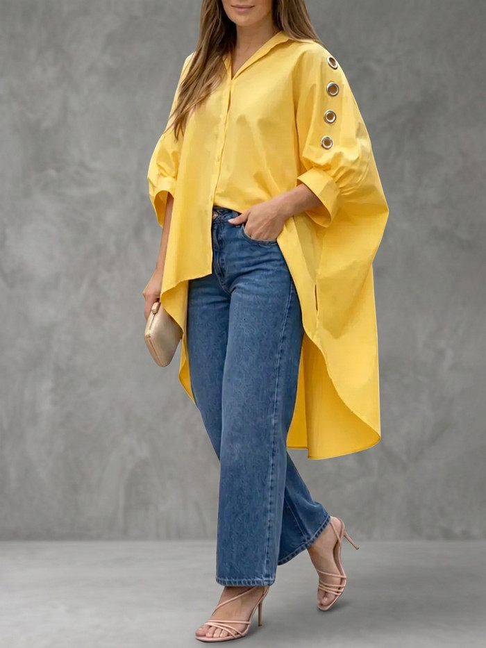 Solid Color Pleated Hollow Buttoned Three-Quarter Sleeves Puff Sleeves Lapel Blouses&Shirts Tops