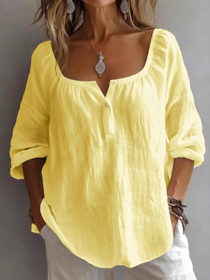 Split-Joint Solid Color Pleated Buttoned Plus Size Loose Square-Neck T-Shirts Tops
