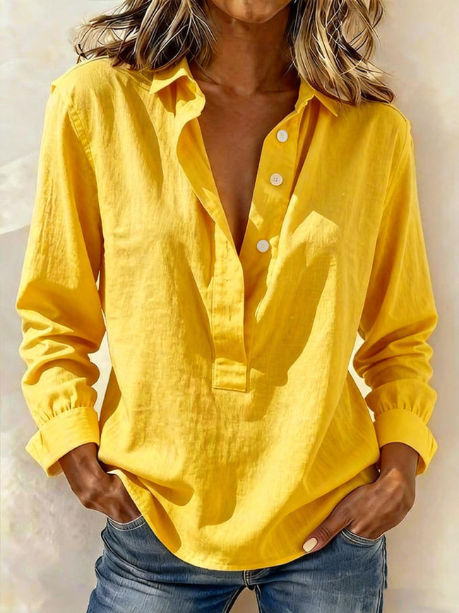 Solid Color Buttoned Plus Size Loose Lapel Blouses&shirts Tops
