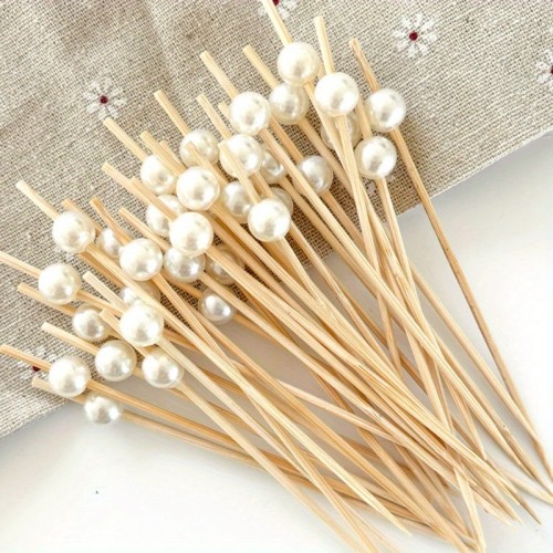 101pcs Disposable Fruit Salad Decorative Bamboo Skewers, Synthetic Pearl Decorated Bamboo Skewers for Fruit, Cake, and Dessert Plating, Long Bamboo Skewers for Birthday Party Decorations, Fruit Forks for Cocktail Parties, Outdoor BBQ Parties