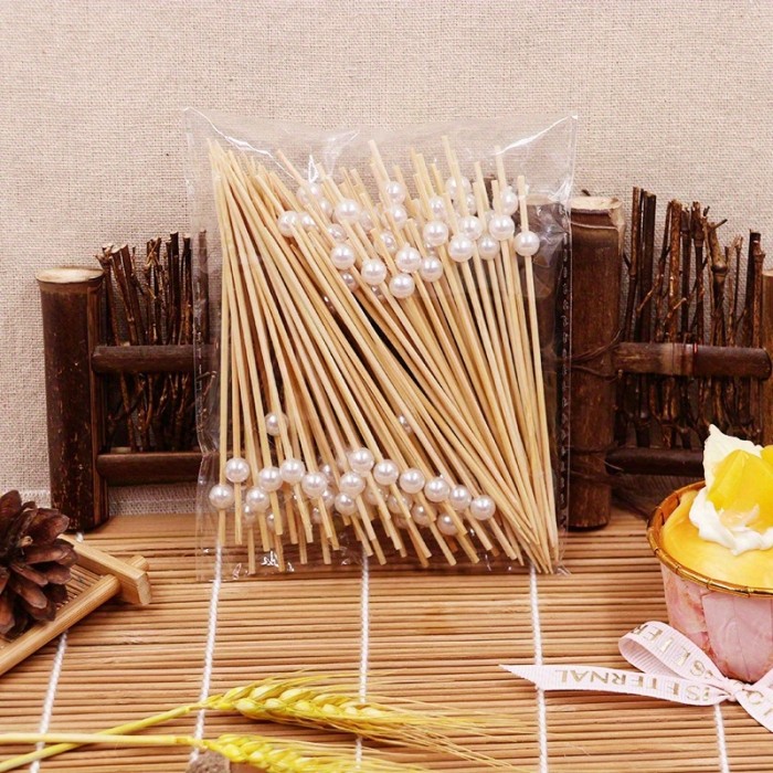 101pcs Disposable Fruit Salad Decorative Bamboo Skewers, Synthetic Pearl Decorated Bamboo Skewers for Fruit, Cake, and Dessert Plating, Long Bamboo Skewers for Birthday Party Decorations, Fruit Forks for Cocktail Parties, Outdoor BBQ Parties