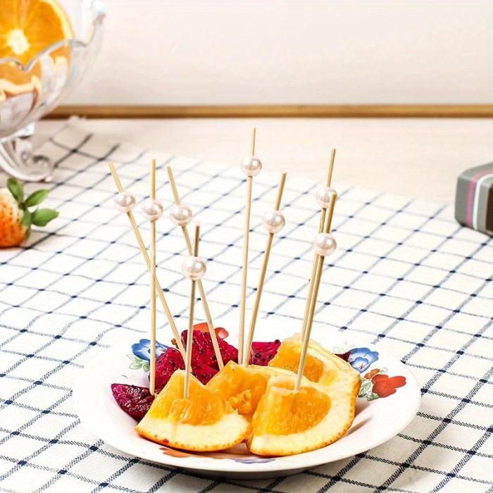 101pcs Disposable Fruit Salad Decorative Bamboo Skewers, Synthetic Pearl Decorated Bamboo Skewers for Fruit, Cake, and Dessert Plating, Long Bamboo Skewers for Birthday Party Decorations, Fruit Forks for Cocktail Parties, Outdoor BBQ Parties
