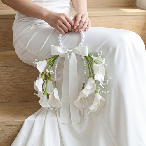16.14 Inch Artificial Calla Lily Handheld Bouquet, Bridal Pearl Handle Wedding Bouquet with White Bow & Ribbon, Fake Flower Bridesmaid Bouquet for Wedding Ceremony, Party & Photo Shoot