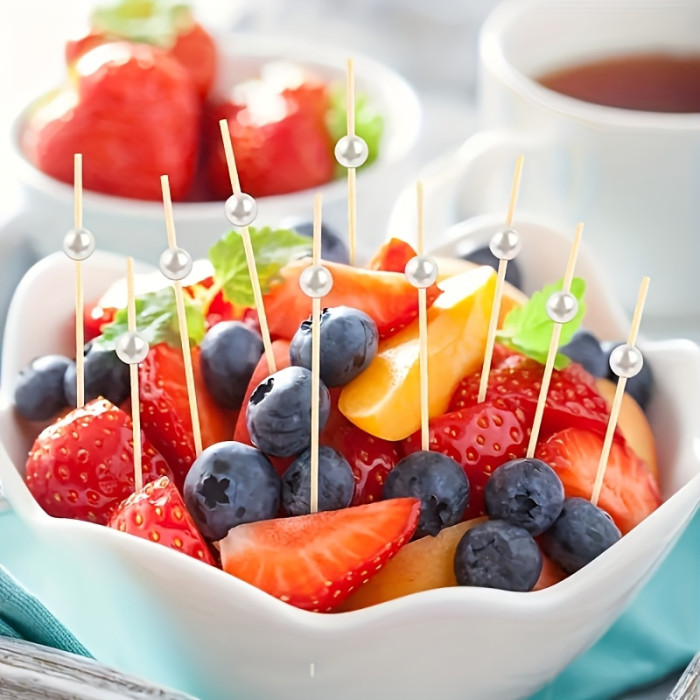 101pcs Disposable Fruit Salad Decorative Bamboo Skewers, Synthetic Pearl Decorated Bamboo Skewers for Fruit, Cake, and Dessert Plating, Long Bamboo Skewers for Birthday Party Decorations, Fruit Forks for Cocktail Parties, Outdoor BBQ Parties