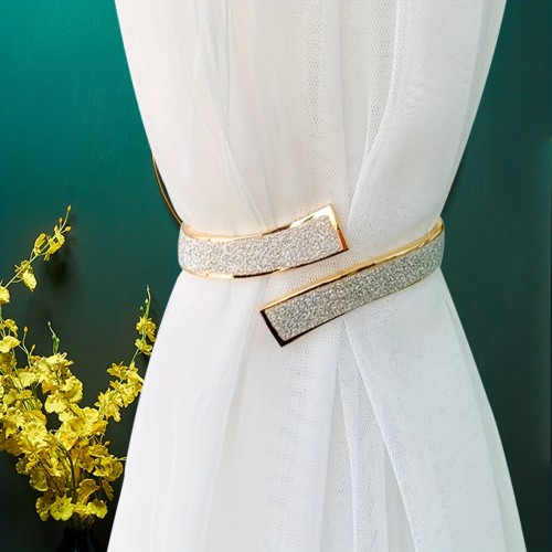 1pc Elegant Alloy Curtain Tieback - Luxurious Golden with Sparkling Texture, No-Drill Spring Clip Hook, Contemporary Style Metal Curtain Holder for Stylish Home Decor