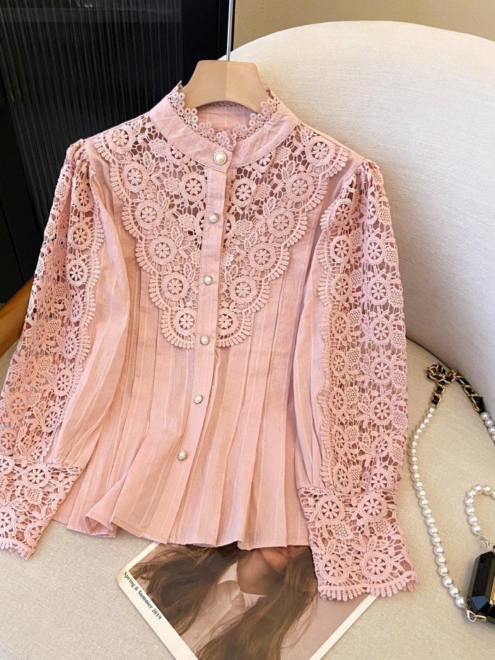 ✨Sweet Patchwork Stand Collar Long Sleeve Shirt