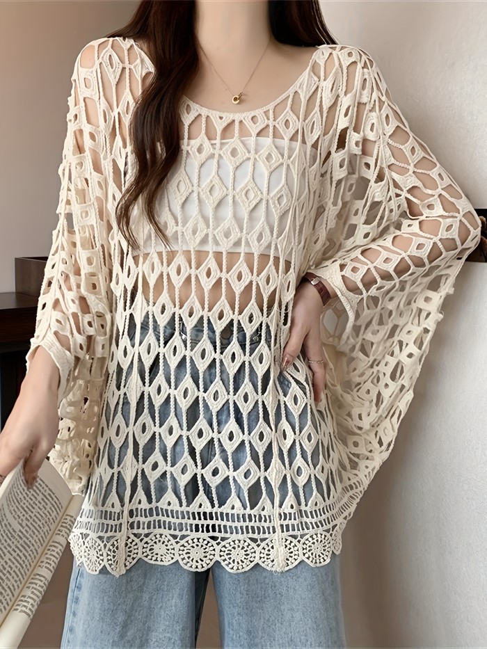 Women'S Bohemian Geometric-Patterned Hollow Bat Design Cover-Up Top