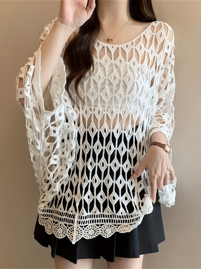Women'S Bohemian Geometric-Patterned Hollow Bat Design Cover-Up Top