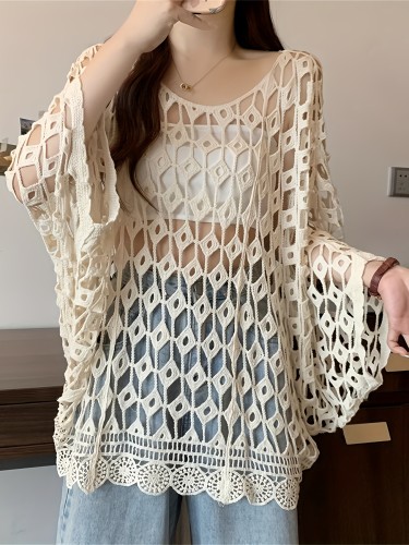 Women'S Bohemian Geometric-Patterned Hollow Bat Design Cover-Up Top
