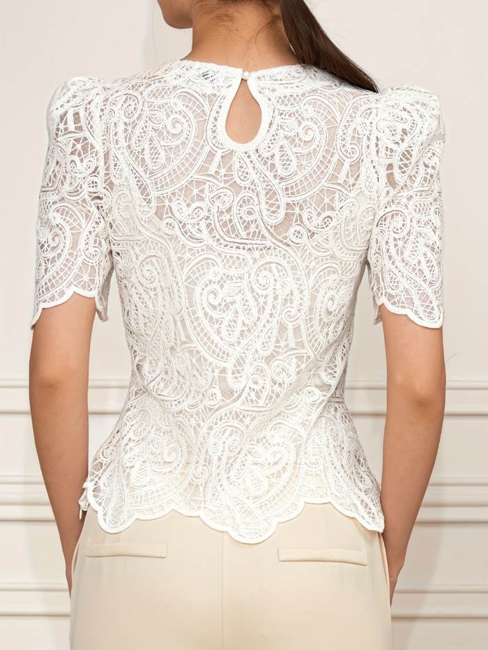 Women'S Fashion Solid Sheer Embroidered Puff Sleeve Blouse