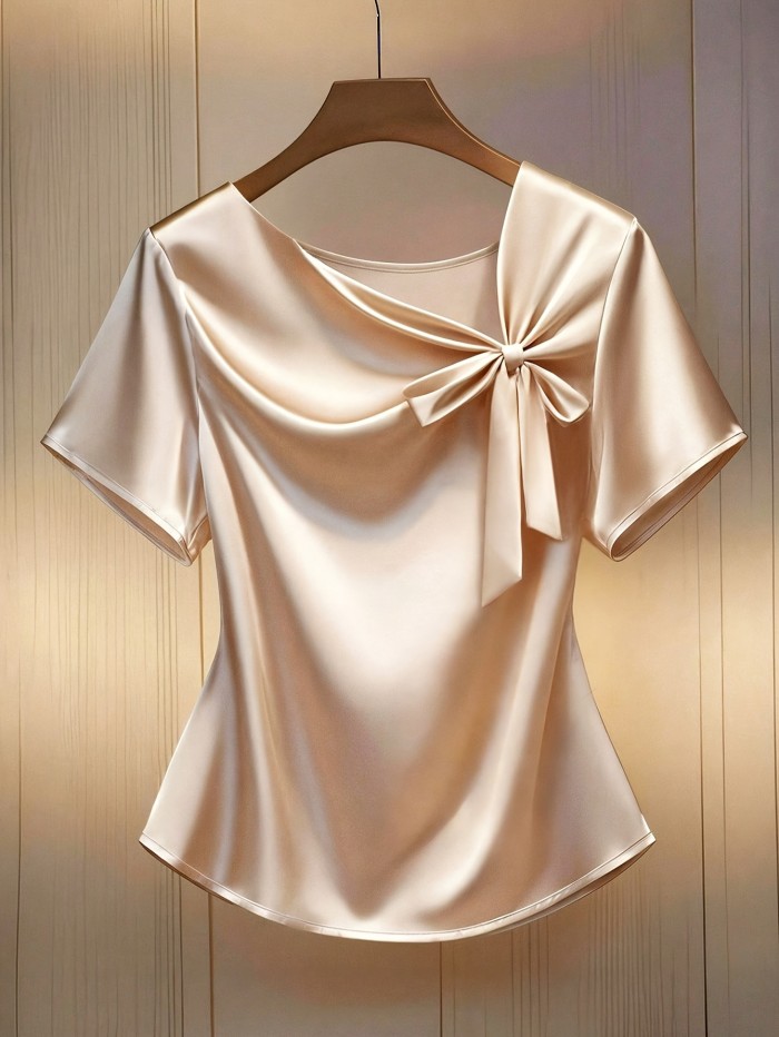 ✨Solid Color Satin Bow Short Sleeve Shirt