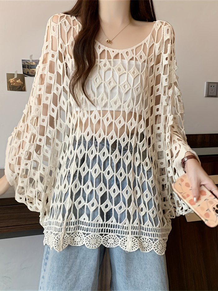 Women'S Bohemian Geometric-Patterned Hollow Bat Design Cover-Up Top