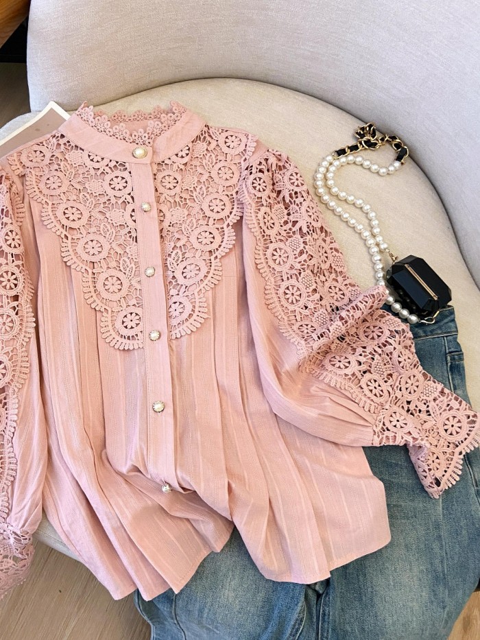 ✨Sweet Patchwork Stand Collar Long Sleeve Shirt