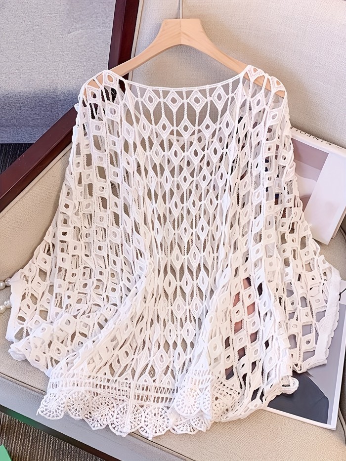 Women'S Bohemian Geometric-Patterned Hollow Bat Design Cover-Up Top