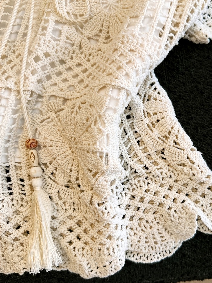 New Style Crochet Openwork Loose Blouse Short Sleeve Top with Tie-Up Lace Trim