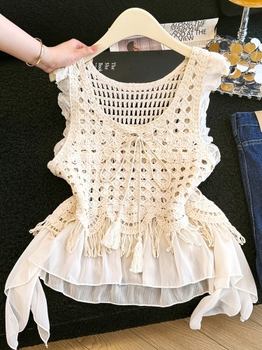 French Apricot Crochet Lace Trim Sleeveless Top Women'S Summer Design Sense Temper Slender Irregular Blouse