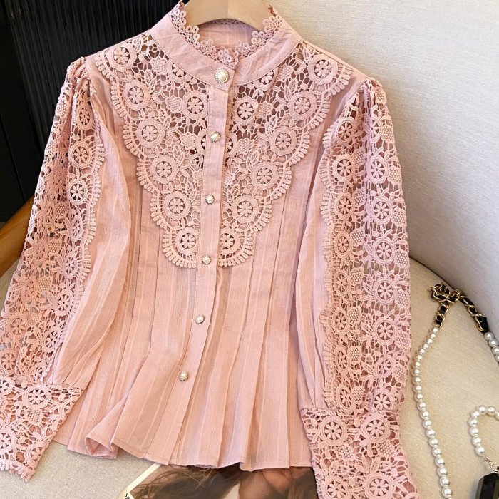 ✨Sweet Patchwork Stand Collar Long Sleeve Shirt