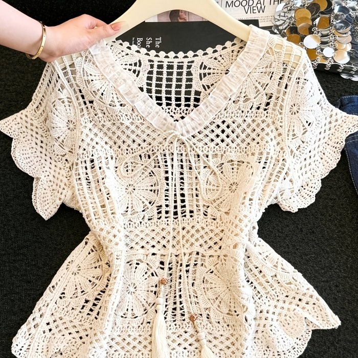 New Style Crochet Openwork Loose Blouse Short Sleeve Top with Tie-Up Lace Trim
