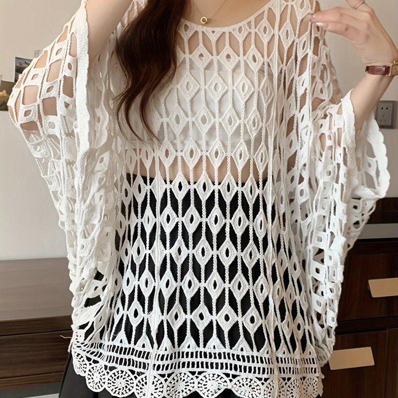Women'S Bohemian Geometric-Patterned Hollow Bat Design Cover-Up Top