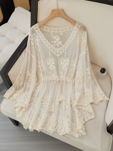 Ladies' Beach Blouse, Spring And Summer Openwork Embroidered Bat Pullover V-Neck, Suitable for Casual Daily Travel And Beach Holiday