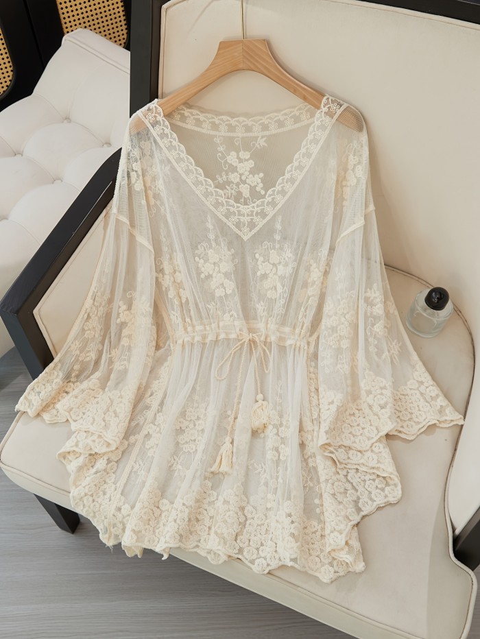 Ladies' Beach Blouse, Spring And Summer Openwork Embroidered Bat Pullover V-Neck, Suitable for Casual Daily Travel And Beach Holiday