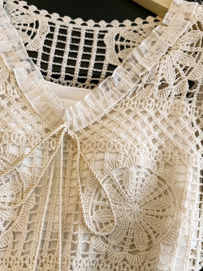 New Style Crochet Openwork Loose Blouse Short Sleeve Top with Tie-Up Lace Trim