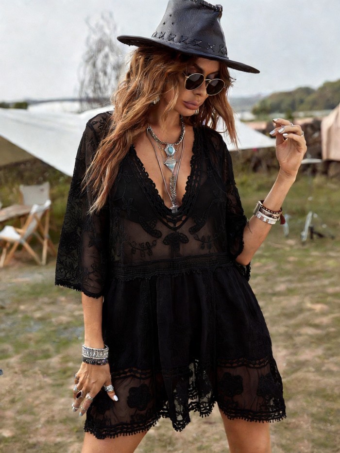 ✨Bohemian Openwork Lace V-neck Half Sleeve Tunic