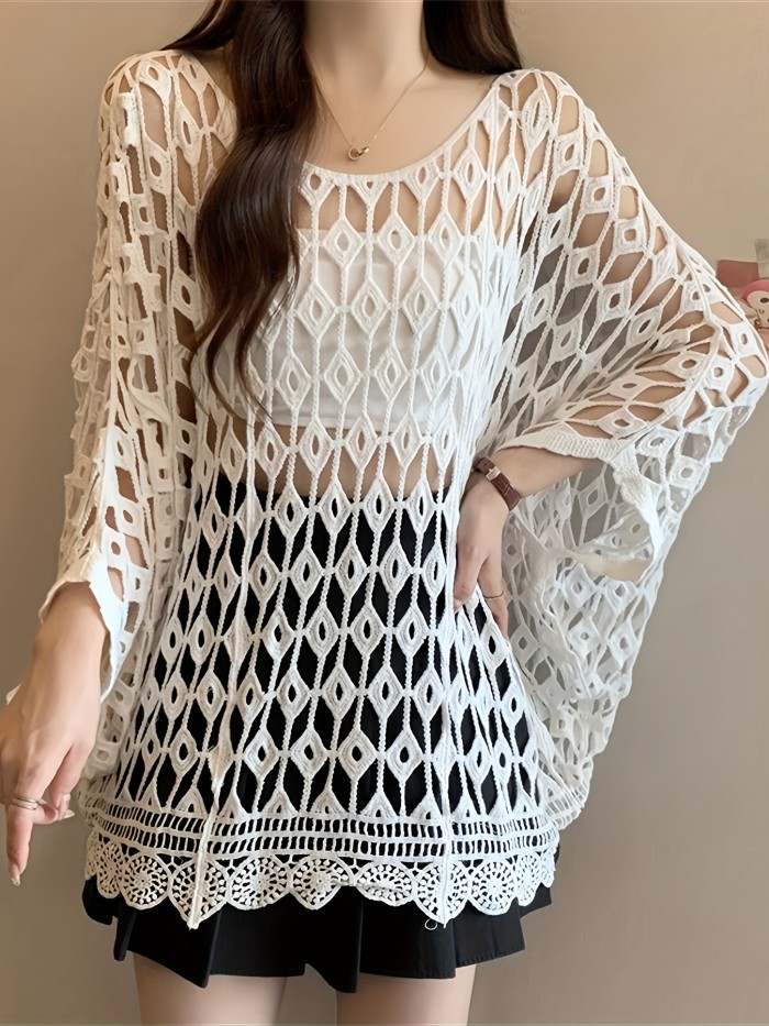 Women'S Bohemian Geometric-Patterned Hollow Bat Design Cover-Up Top