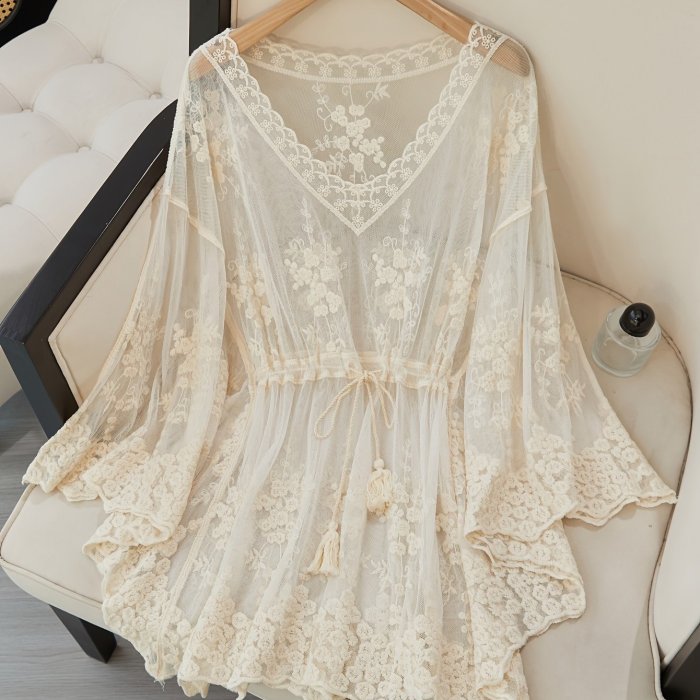Ladies' Beach Blouse, Spring And Summer Openwork Embroidered Bat Pullover V-Neck, Suitable for Casual Daily Travel And Beach Holiday