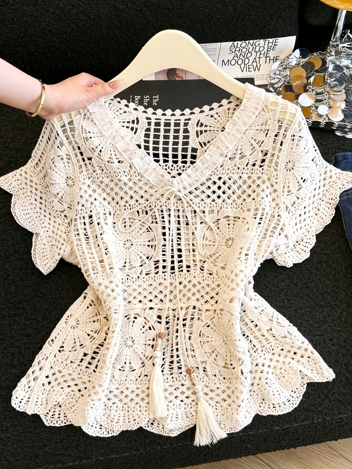 New Style Crochet Openwork Loose Blouse Short Sleeve Top with Tie-Up Lace Trim