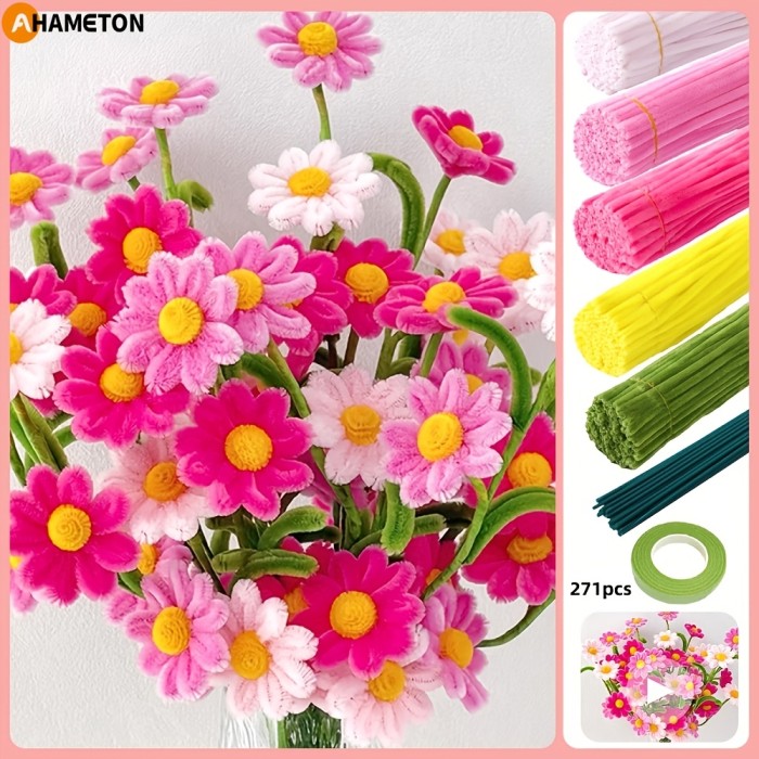 271\u002F321pcs DIY Daisy Flower Craft Kit with Tutorial Video - Adult Pipe Cleaner Craft Supplies, Chenille Stems for Perfect Wedding Bouquets and Party Decorations, Mother's Day Gift