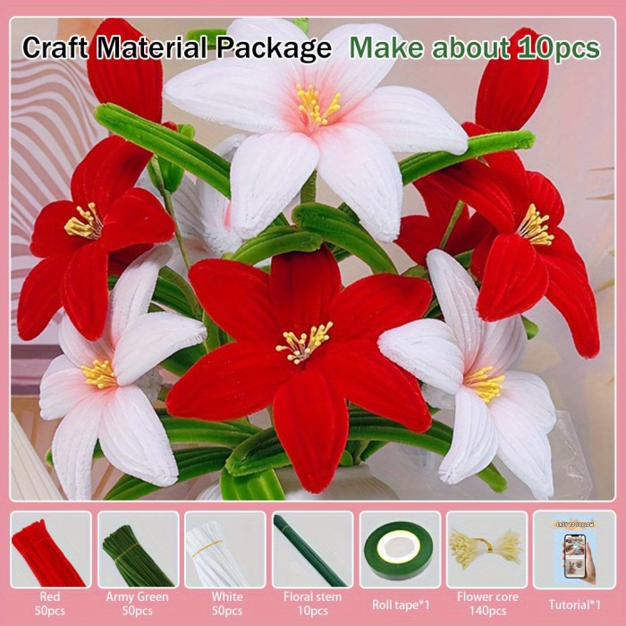 Colorful Lily Pipe Cleaner Bouquet Set with Step by Step Video Tutorial, Bulk Pink, White, Yellow, Red, Purple Pipe Cleaners, 10pcs Floral Stem, 1 Tape, A bundle of Yellow Stamens - Upgraded DIY Craft Kit for Thanksgiving, Christmas, Graduation, Home Decorations, And Holiday Gifts, Easy DIY Project for Beginners, Community Activities