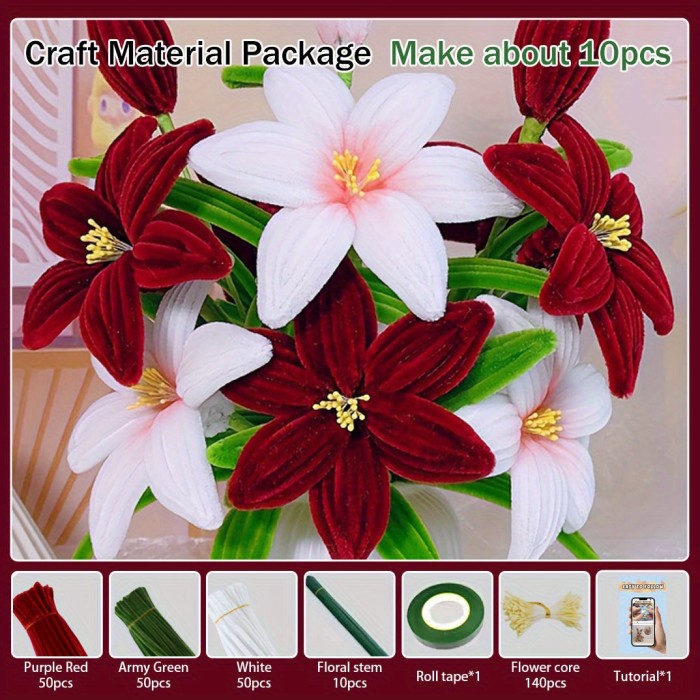 Colorful Lily Pipe Cleaner Bouquet Set with Step by Step Video Tutorial, Bulk Pink, White, Yellow, Red, Purple Pipe Cleaners, 10pcs Floral Stem, 1 Tape, A bundle of Yellow Stamens - Upgraded DIY Craft Kit for Thanksgiving, Christmas, Graduation, Home Decorations, And Holiday Gifts, Easy DIY Project for Beginners, Community Activities