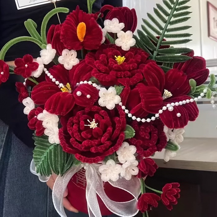 461pcs Night Lily Twist Stick DIY Craft Kit, Pipe Cleaners, Includes 300 Tri-Color Flower Stems, 10 Flower Stems, 1 Floral Tape, 100 Stamens, 50 Pearl Pieces, Suitable for Valentine's Day Gifts, Teacher's Day Gifts, Mother's Day Gifts, Living Room