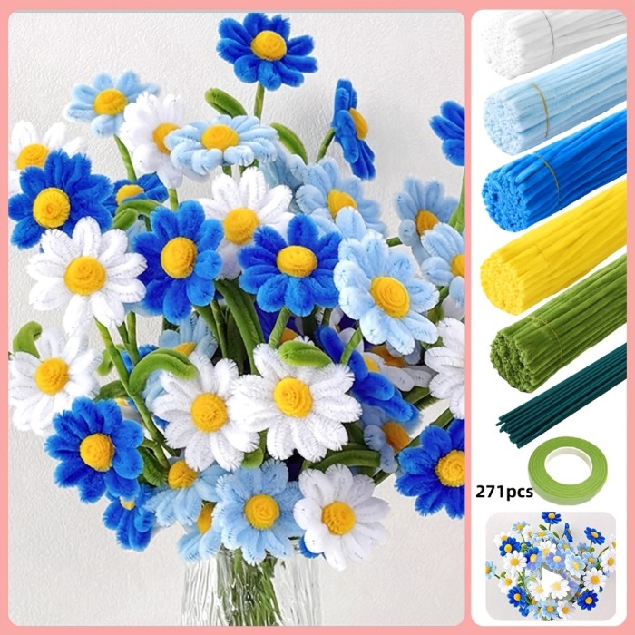 271\u002F321pcs DIY Daisy Flower Craft Kit with Tutorial Video - Adult Pipe Cleaner Craft Supplies, Chenille Stems for Perfect Wedding Bouquets and Party Decorations, Mother's Day Gift