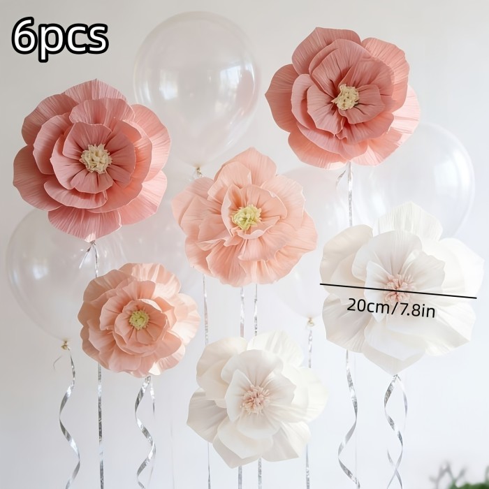 6pcs Premium Pack, 7.8-Inch High-Simulation Tricolor Exquisite Large Festival Crepe Paper Flowers, Multicolor Premium Romantic Artificial, High-Quality Material, Mixed Color Multi-Functional Party Decoration, Premium And Beautiful
