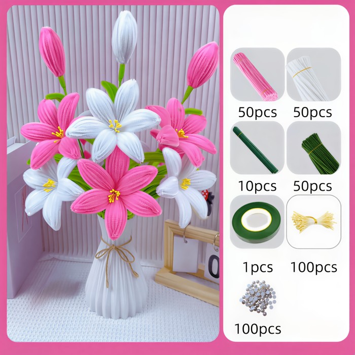 311pcs-361pcs Lily Tube Cleaner Bouquet Set, Including 150pcs Tube Cleaning Sticks And 10pcs Floral Sticks, 1 Roll of Tape And about 100pcs Flower Cores, Upgraded Handmade Tool Kit, Suitable for Thanksgiving, Teacher'S Day