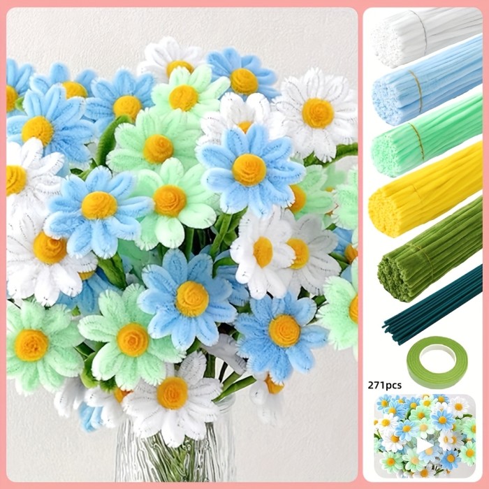 271\u002F321pcs DIY Daisy Flower Craft Kit with Tutorial Video - Adult Pipe Cleaner Craft Supplies, Chenille Stems for Perfect Wedding Bouquets and Party Decorations, Mother's Day Gift