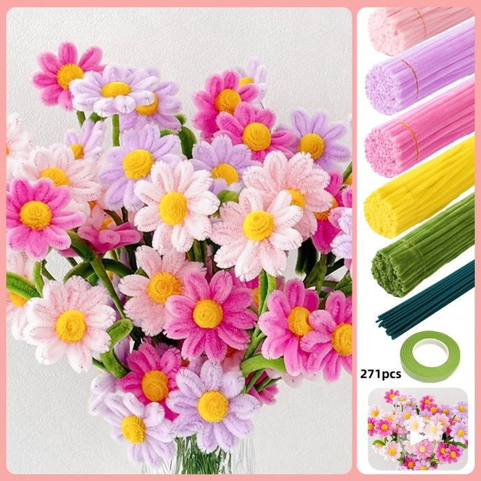 271\u002F321pcs DIY Daisy Flower Craft Kit with Tutorial Video - Adult Pipe Cleaner Craft Supplies, Chenille Stems for Perfect Wedding Bouquets and Party Decorations, Mother's Day Gift