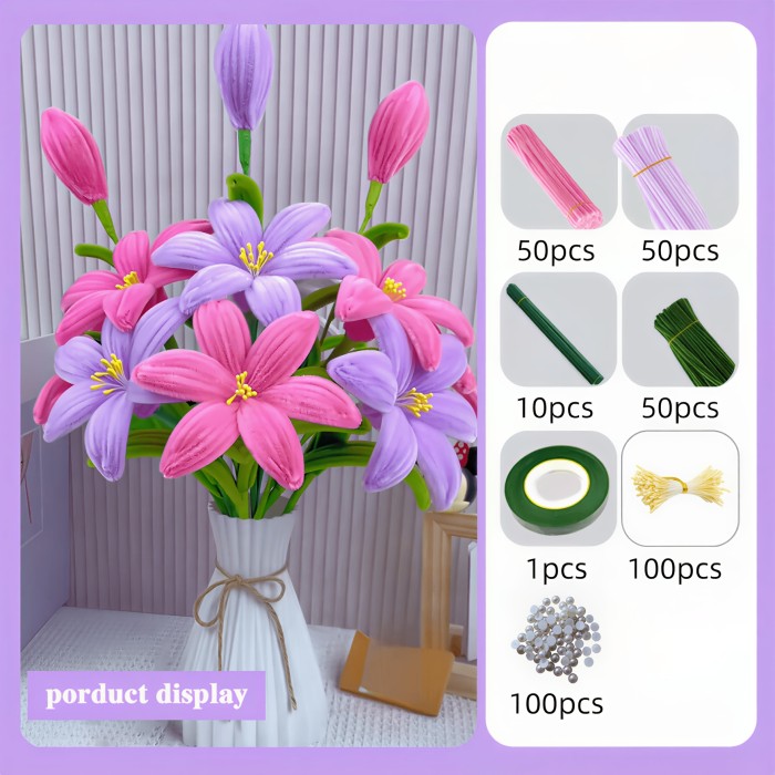 311pcs-361pcs Lily Tube Cleaner Bouquet Set, Including 150pcs Tube Cleaning Sticks And 10pcs Floral Sticks, 1 Roll of Tape And about 100pcs Flower Cores, Upgraded Handmade Tool Kit, Suitable for Thanksgiving, Teacher'S Day