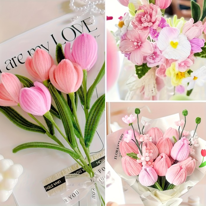 672pcs Fabric And Plastic Multi-Colored Bouquet Craft Kit with Tutorial Video- Pipe Cleaner Flower Making Supplies, Purple Pink Blue Golden Chenille Stem Creation Set, Ideal for Birthday Gifts Mother'S Day Gift, Graduation Gift