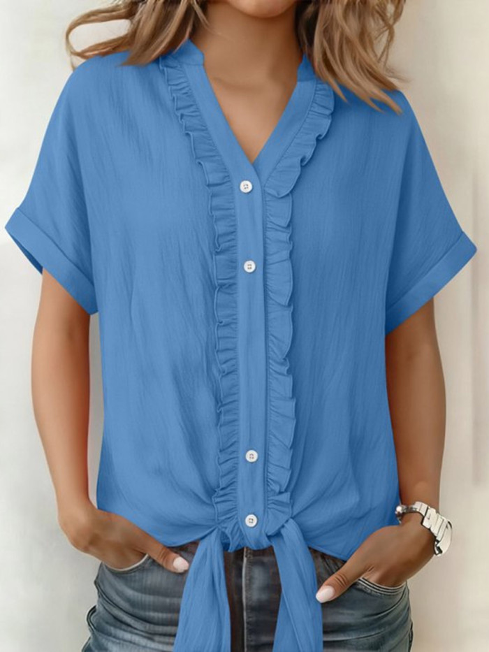 Solid Color Ruffle Trim Knot Buttoned Short Sleeves Loose V-neck Blouses&shirts Tops