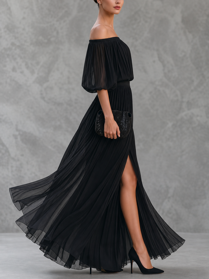 Split-Front Solid Color Pleated Puff Sleeves High Waisted Off-The-Shoulder Maxi Dresses